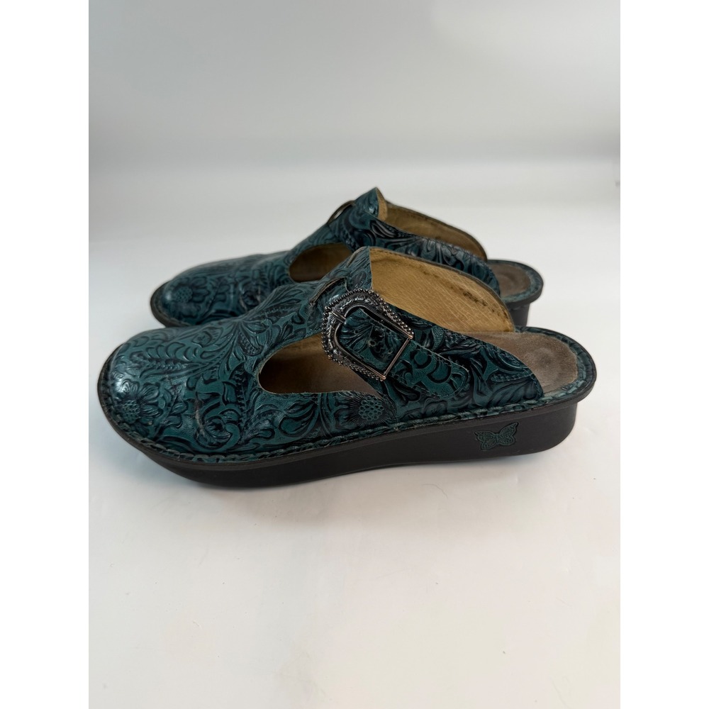 Alegria Keli Teal Floral Tooled Leather Professional Clogs Buckle Strap Womens - Picture 6 of 6